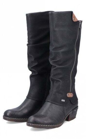 Rieker 93655 Ladies Water Resistant Black Ruched Double Zip Fasten Lambs Wool Lined Calf Boots