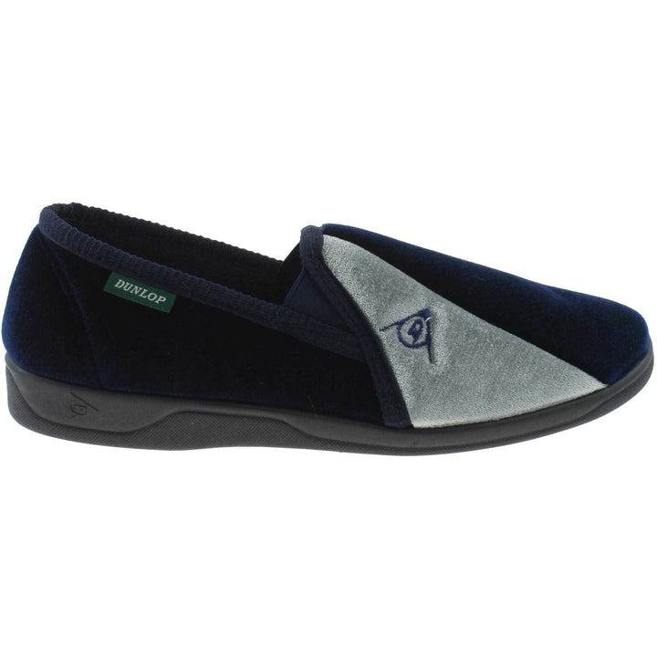 DUNLOP WINSTON MENS NAVY BLUE & GREY VELOUR TWIN GUSSET WASHABLE FULL SLIPPERS