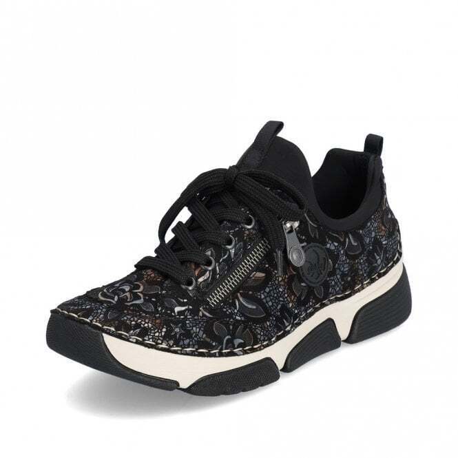 Rieker Antistress 45973 Metallic Black Floral Slip On Fashion Trainer Shoes With Lace Up Adjustment