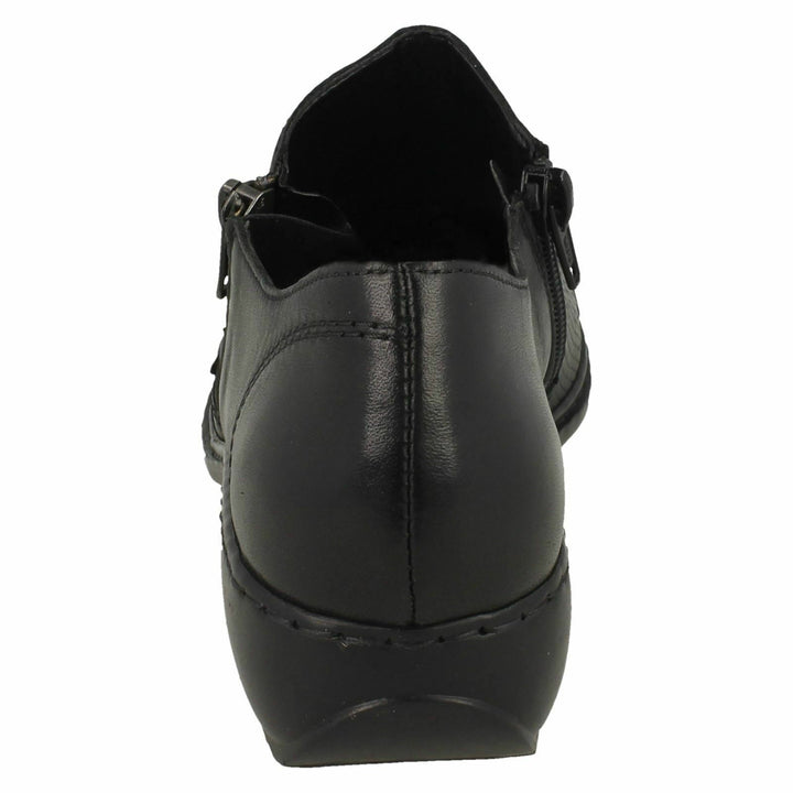 Rieker L3867 Ladies Black Leather Comfort Padded Insole Wedge Zip Shoe