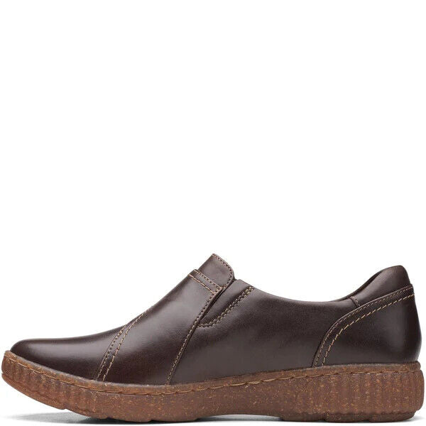 Clarks Caroline Pearl D Fit Ladies Dark Brown Leather Slip On Stitch Detail Shoes