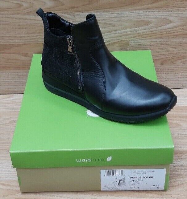 Waldlaufer Himona Ladies Wide Fit Black Leather/Suede Double Zip Up Ankle Boot