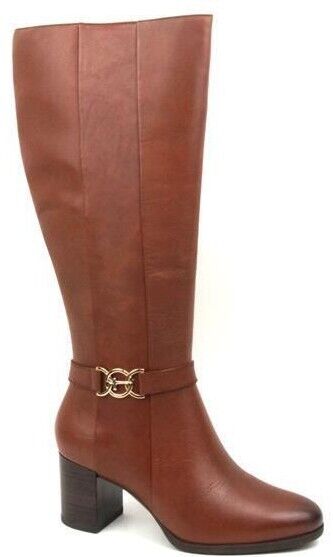 Tamaris 25551 Ladies Cognac Tan Leather Logo Buckle Zip Up Mid Heel Knee High Boots