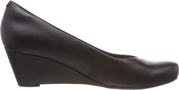 Clarks Flores Tulip Ladies Black Leather Slip On Cushioned Wedge Heel Court Shoe