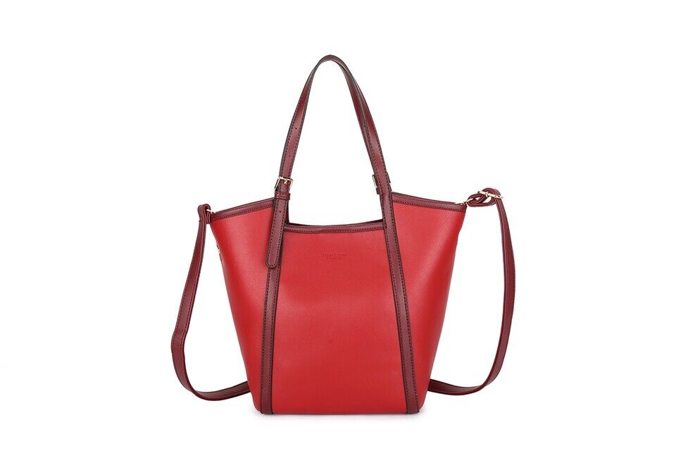 Long & Son Red Faux Leather Medium Tote Handbag/ Shopping Bag With Long Strap And Pouch