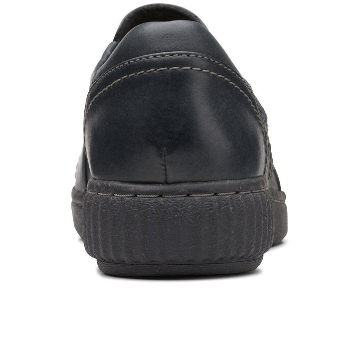 Clarks Caroline Pearl D Fit Ladies Black Leather Slip On Stitch Detail Wedge Shoes