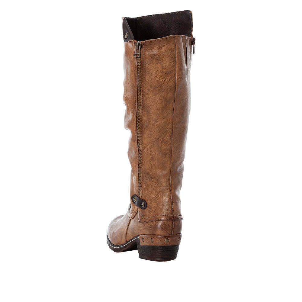 Rieker 93655 Ladies Water Resistant Tan Brown Ruched Double Zip Lambs Wool Lined Calf Boots