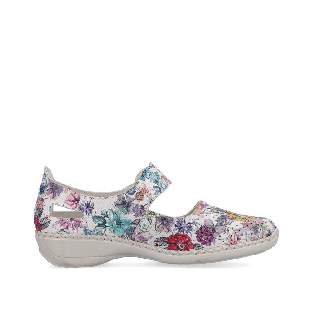 Rieker 413J2 Ladies Multi Floral Perforated Leather Mary Jane Wide Comfort Shoes