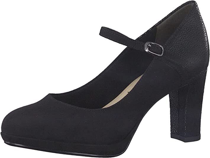 Tamaris 24409 Ladies Vegan Black Textile Comfort Lining Strap Block Heel Court Platform Shoes