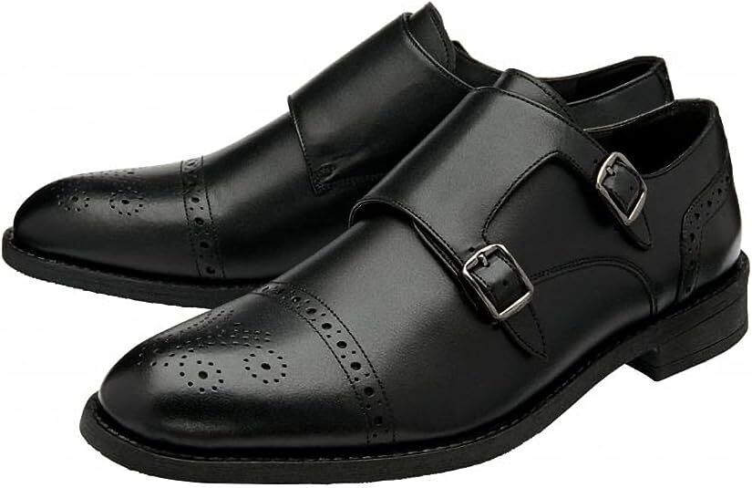 Frank Wright Moulton Mens Black Leather Double Buckle Brogue Patterned Monk Shoes