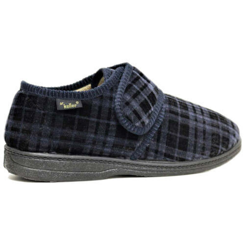 Dr Keller Donald Mens WIDE FIT Navy Check Velour Touch FastenFur Lined Slippers