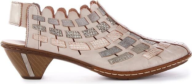 Rieker 46778 Ladies Beige Combi Interwoven Leather Slingback Block Heel Sandals