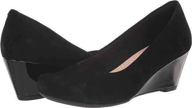 Clarks Flores Tulip Ladies Black Suede Slip On Cushioned Patent Wedge Court Shoe