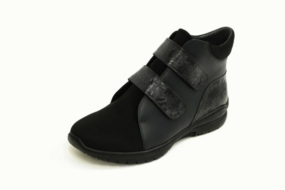 Footsoft EXTRA WIDE (EE/ EEE) Black Leather Double Strap Ankle Boots With Removable Insole Bree