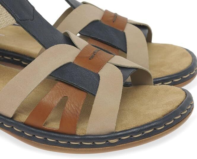 Rieker 65918 Ladies Navy/Tan/Beige Low Wedge Elasticated Slingback Sandals