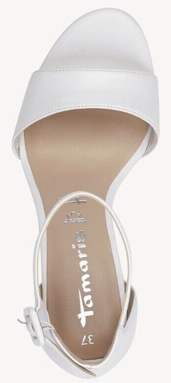 Tamaris 28326 Ladies White Leather Buckle Fasten Ankle Strap Block Heel Sandals