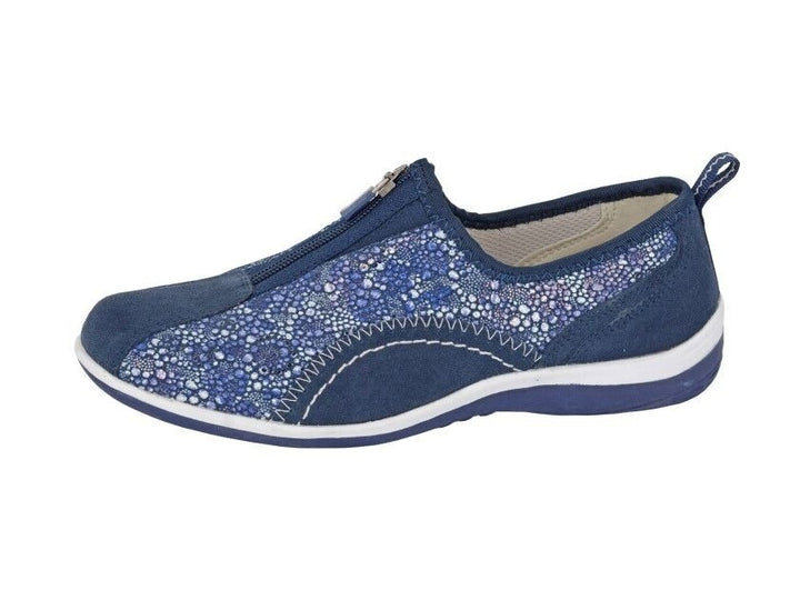 Boulevard L361 Ladies Navy Suede Leather Perforated Floral Detail Zip Fasten Walking Training Shoes