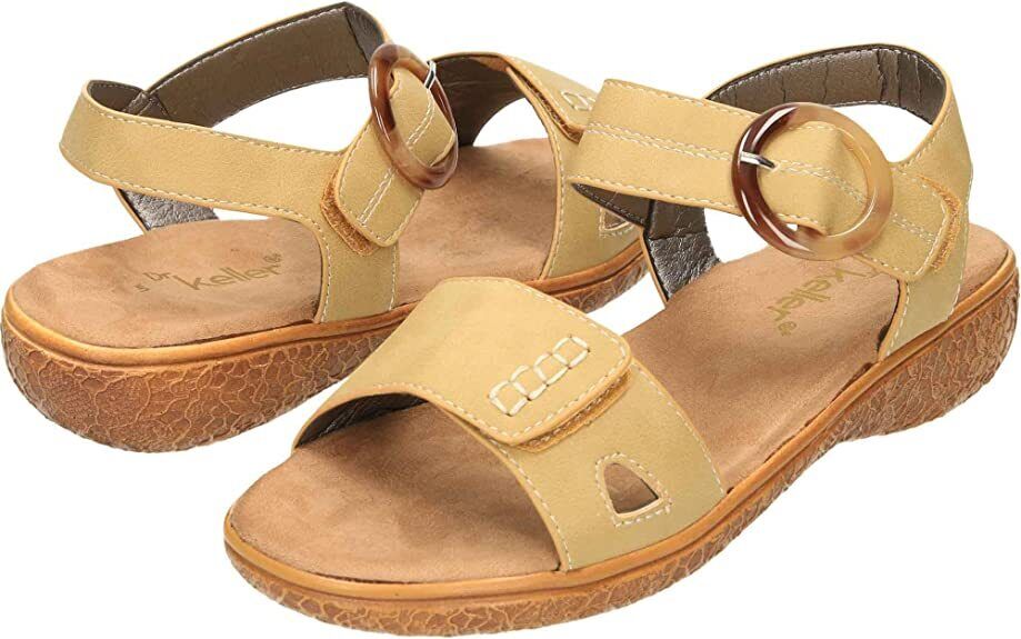 Dr Keller Joan Ladies Beige Slingback Double Strap Buckle Detail Wedge Sandals