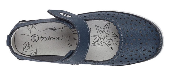 Boulevard L9552 Wide EEE Fitting Ladies Mary Jane Style NAVY Leather Floral Print Adjustable Strap Walking Shoes