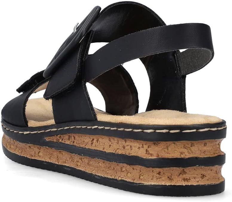 Rieker 62950 Ladies Black Double Touch Fasten Low Wedge Slingback Sandals