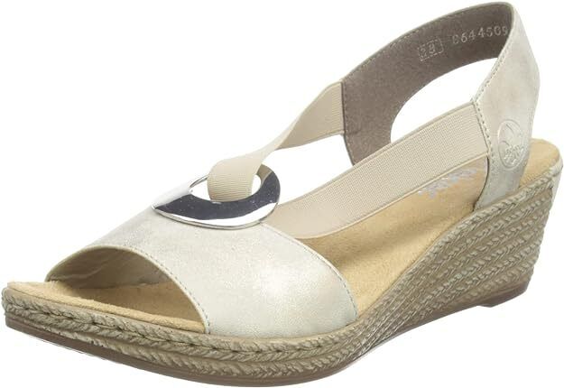 Rieker 624H6 Ladies Gold Slip On Slingback Mid Wedge Sandals With Disc Design