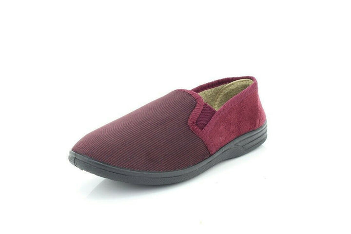 Dr Keller Donnael Mens Burgundy Cord Twin Gusset Fleece Warm Lined Full Slippers With Rubber Sole