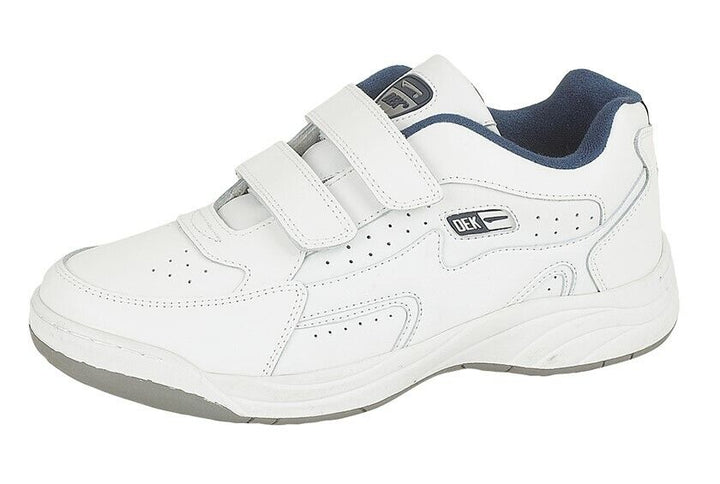 DEK Arizona Mens WIDE FIT White Leather Double Touch Fasten Strap Trainers Non Marking 6-14 UK