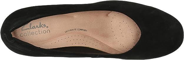 Clarks Flores Tulip Ladies Black Suede Slip On Cushioned Patent Wedge Court Shoe