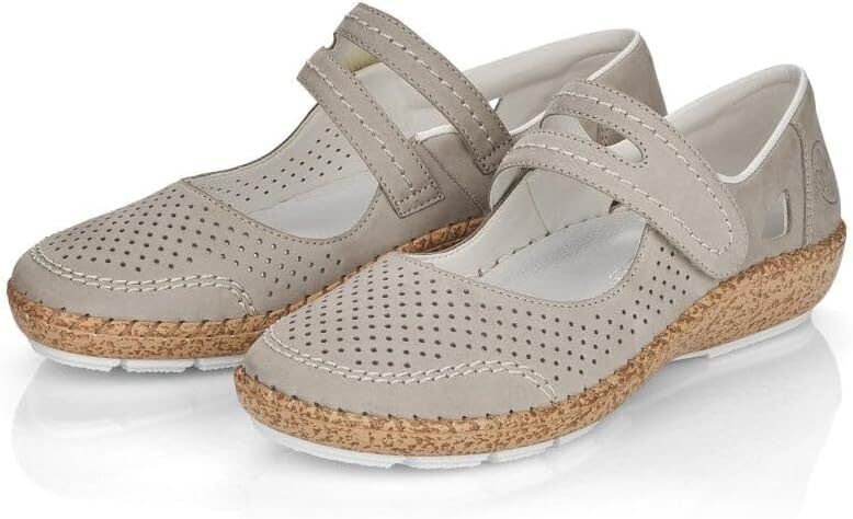 Rieker 44885 Ladies Grey Beige Perforated Leather Mary Jane Strap Shoes