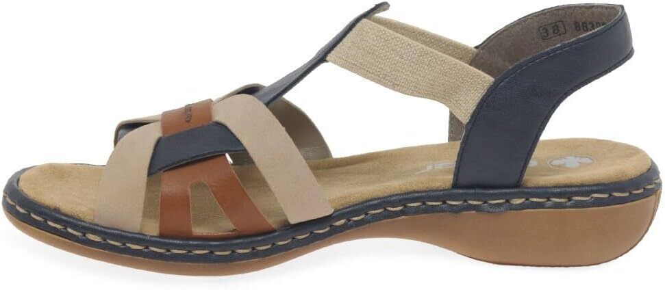 Rieker 65918 Ladies Navy/Tan/Beige Low Wedge Elasticated Slingback Sandals