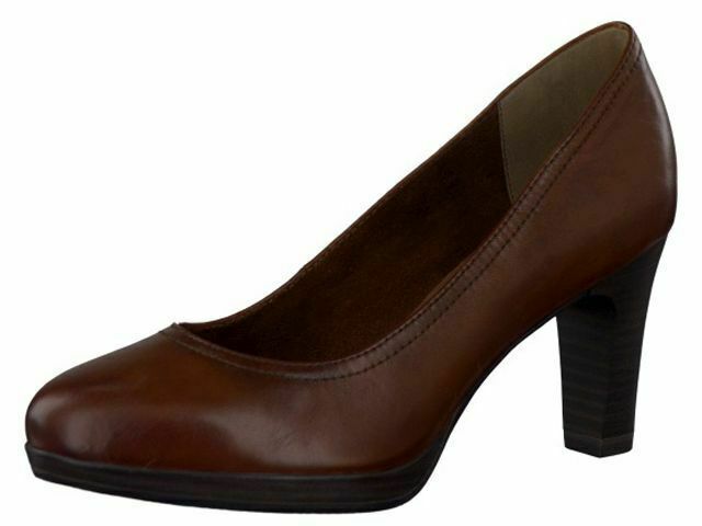 Tamaris 22410 Tan Brown Leather High Mid Heel Court Shoes Work Office Cabin Crew