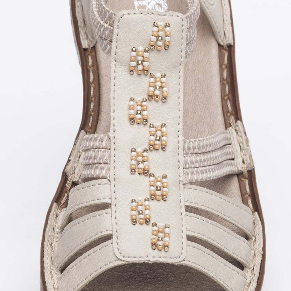 Rieker 62855 Ladies Beige Beaded Elasticated Stretch Wedge Slingback Sandals