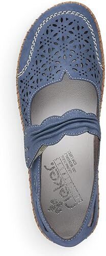 Rieker 44896 Ladies Wide Fit  Blue Perforated Leather Mary Jane Strap Shoes