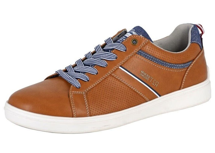 Route 21 M887 Mens Tan/ Denim Trainers 7 Eyelet Lace Up Leisure Sports Sneakers