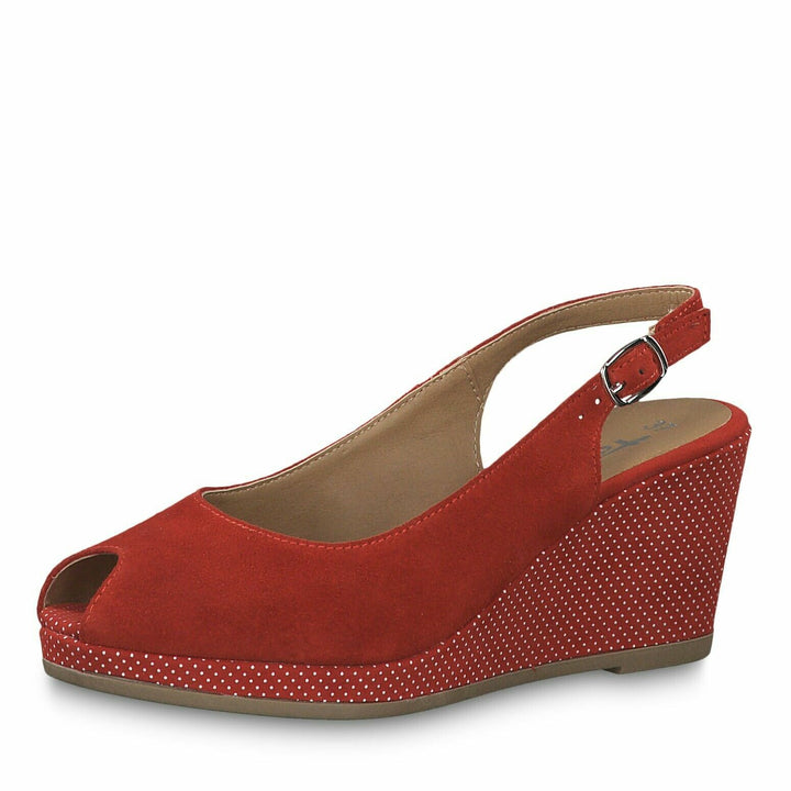 Tamaris 29303 Ladies Red Suede & White Polka Dots 40's Inspired Espadrille Peep Toe Wedge Sandal