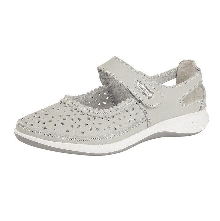 Boulevard L9552 Wide EEE Fitting Ladies Mary Jane Style Grey Leather Floral Print Adjustable Strap Shoe