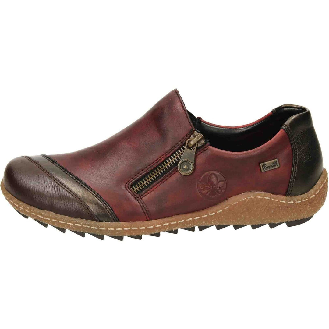 RiekerTEX L7571 Ladies Water Resistant Red Combination Leather Shoes With Zip