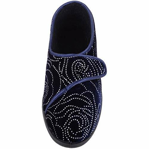 Jo & Joe Gloria Womens Navy Velour Single Touch Fasten Full Slippers With Glittery Swirl Pattern