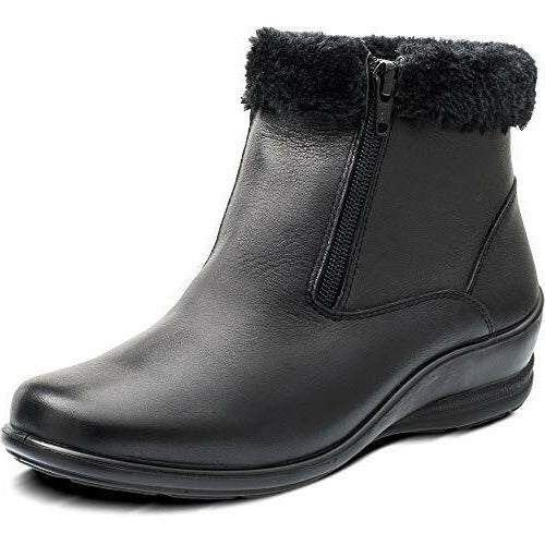 Padders Shona Black Leather Boots Ladies Wide Fit Casual Wedge Double Zip