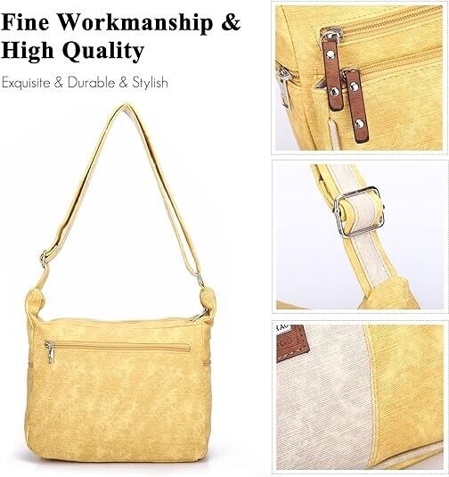 Ladies Yellow/ Beige Denim Effect Shoulder Handbag Adjustable Strap Pockets