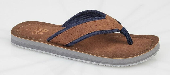 PDQ M641 Mens Brown & Navy Leather Look Toe Post Flip Flops Beach Sandals