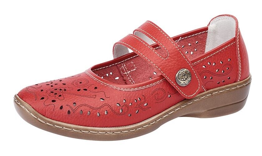 Boulevard L394 Ladies Red Leather Perforated Detail Mary Jane Walking Shoes