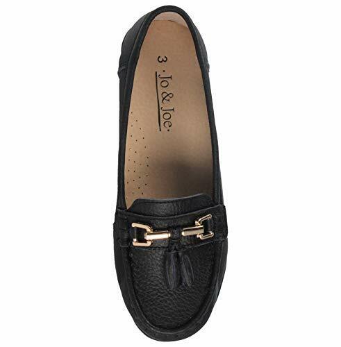 Jo & Joe Nautical Ladies Black Leather Moccasin Slip On Loafer Tassel Flat Comfort Shoes