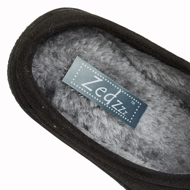 Zedzzz MS396 Mens Black Cushioned Mule Slippers With Faux Wool Lining Centre Seam