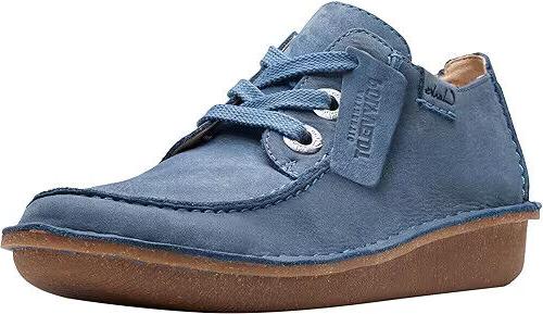 Clarks Funny Dream Womens Leather Lace Up Curved Wedge Comfort Shoes Blue Nubuck