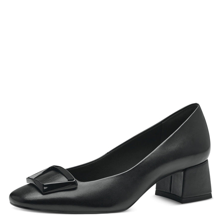 Tamaris 22302 Ladies Black Leather Block Heel Square Toe Court Shoes