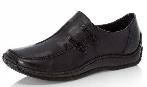 Rieker L1751 Antistress Black Leather/ Leather Lined Slip On Shoes With Elastic Gusset