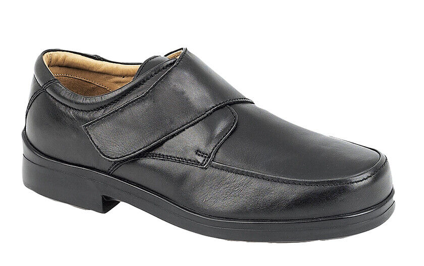 Roamers M404 Mens Black Leather XXX EXTRA WIDE FIT Lightweight Shoes With Strap