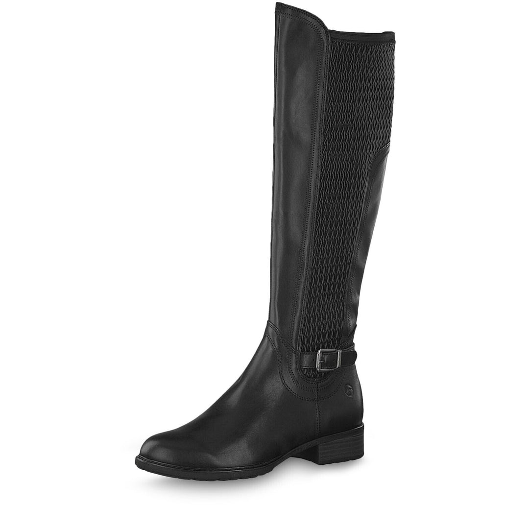 Tamaris 25511-23 Black Leather Zip Extra Narrow Calf Knee High Boot With Stretch