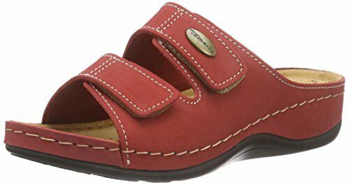 Tamaris 27510 Ladies Red Leather Raised Sole Touch Fasten Wide Fit Mule Sandals